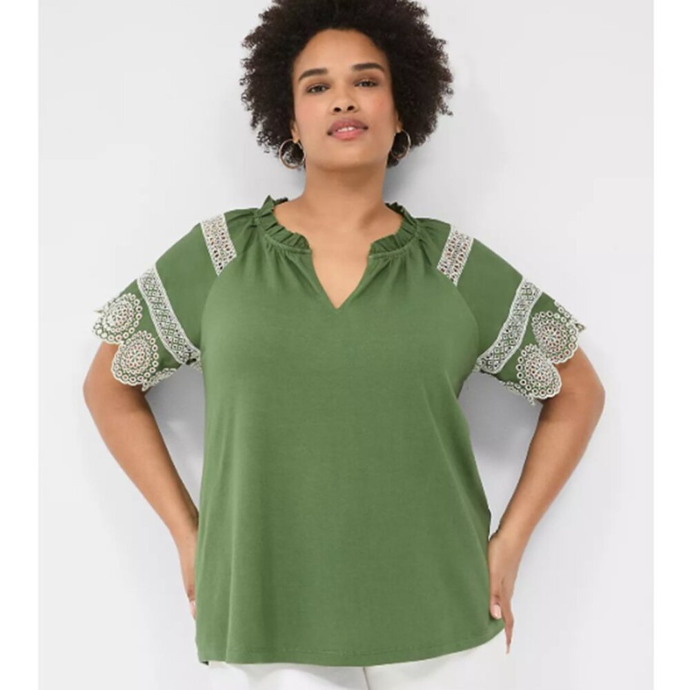 LANE BRYANT NWT Womens Size 18/20 Green Cream Eyelet Short-Sleeve Knit Top